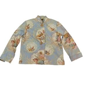 Painted Pony Jacket Womens Small Blue Seashell Print‎ Wood Button Front Made USA